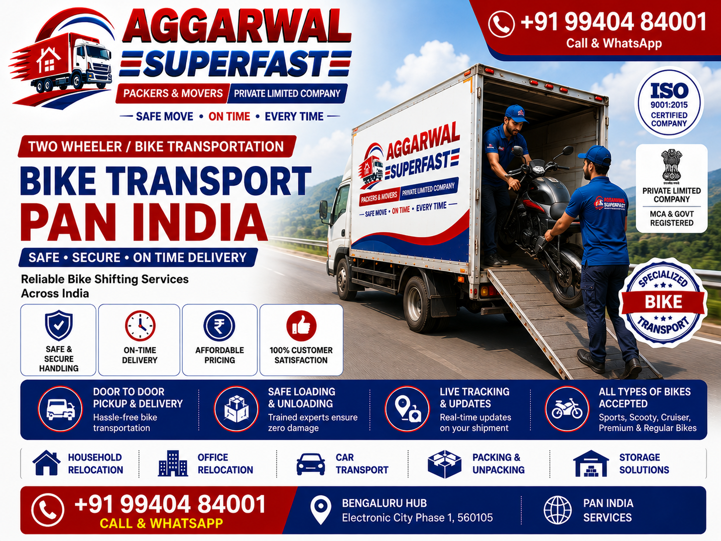 Two wheeler and bike transportation from Bangalore to across India by Aggarwal Superfast Packers and Movers